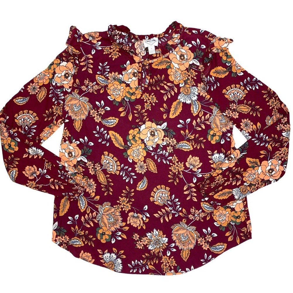 St. John’s Bay Floral Long Sleeve Keyhole Blouse Lightweight Ruffles Fall Autumn
